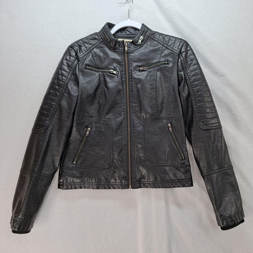 Maralyn & Me Womens M Moto Jacket Zip Up Faux Leather Pockets Stretch Cuff Lined